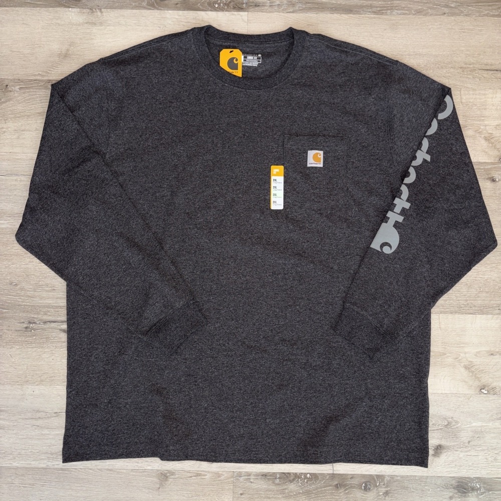 Carhartt Long Sleeve Loose Fit Pocket T Shirt Sleeve Spell Out 2XL Gray NWT